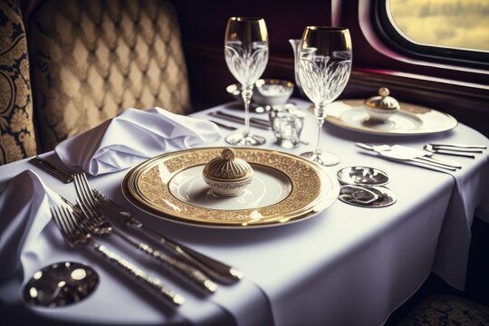 Refined Dining Experience On Luxury Train, With Fine Linens, China Plates And Silverware, Created With Generative Ai