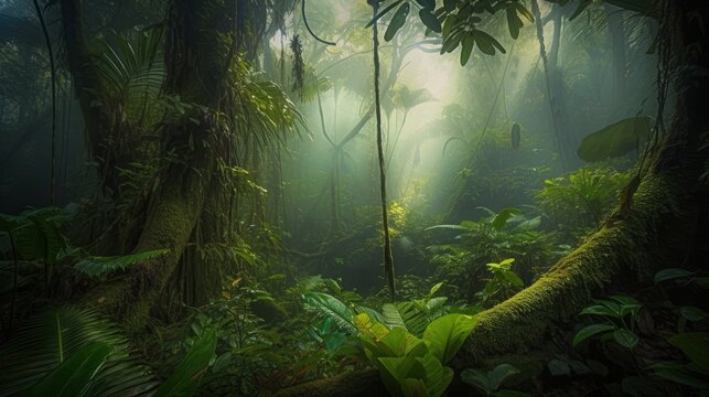 A lush tropical forest landscape, capturing the vibrant greenery and diverse flora of the region, created by AI.