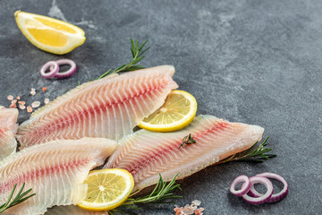 Tilapia fillets with lemon, Detox and healthy superfoods concept. place for text, top view