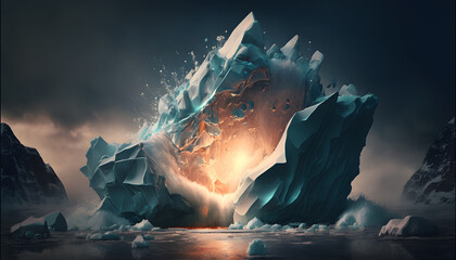 Fototapeta na wymiar Iceberg floating in the water. Iceberg explosion, 3D rendered Illustration. Created with generative AI technologies.