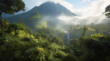 Obraz premium An intriguing tropical forest landscape, featuring volcanic elements and rich greenery, created by AI.