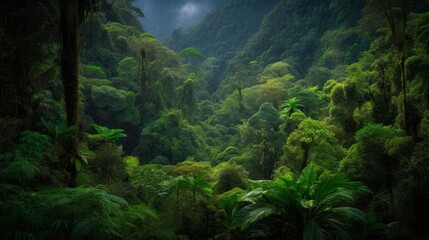 An intriguing tropical forest landscape, featuring volcanic elements and rich greenery, created by AI.