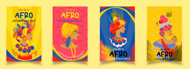 Fototapeta na wymiar Afro-Colombian Day greeting banner set up in Colombia, colorful flyer In Spanish: Afro-Colombian Day. Colombian woman in folk dress with feathers and fruits on her head