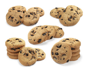 Tasty chocolate chip cookies on white background, collage design