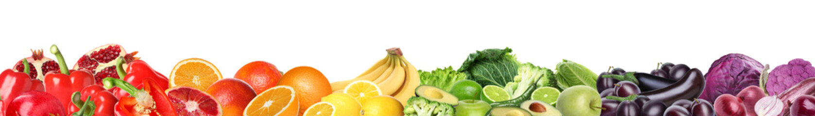 Many different fresh fruits and vegetables on white background. Banner design