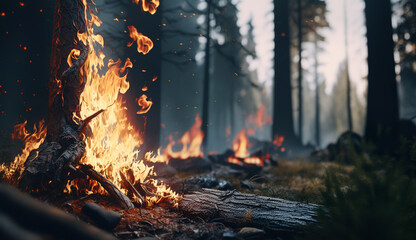 Fire in the forest, Forest fires, Climate change, Global Warming, Generative AI