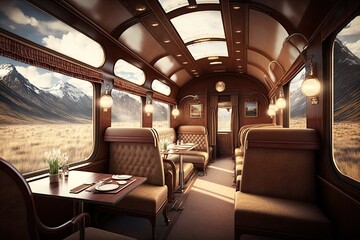 luxury train, with private cabins and dining car, traveling through breathtaking mountain range, created with generative ai