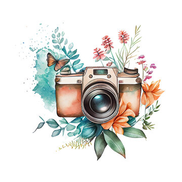 Watercolor Floral Camera Butterfly PNG FIile, Many Beautiful Colorful Spring Florals Camera with Butterfly Watercolor - Generative AI