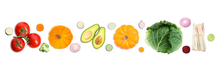 Collage with many vegetables on white background, top view