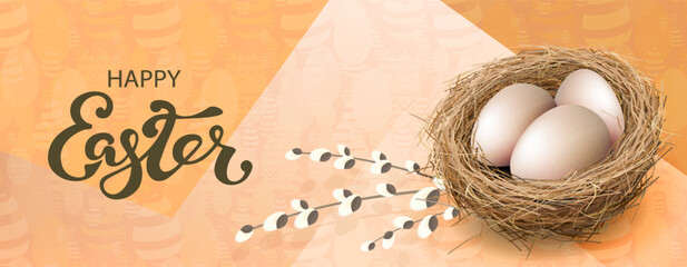 Easter composition with straw nest and eggs, color beige