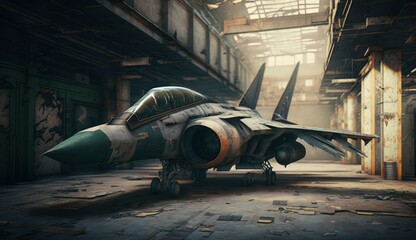 interior view of a generic military fighter jet parked inside a military barracks or hangar as wide banner with copyspace area for world war conflict and air force concepts - Generative AI