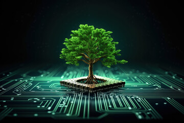 Digital green tree on computer circuit board, innovation and sustainability concept, Generative AI illustration