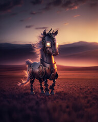 Small robot horse in the field, Generative AI illustration
