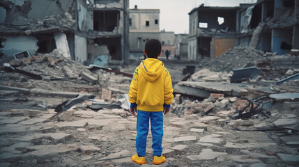 Obraz na płótnie Canvas Young boy in Ukraine colors clothes standing in front of destroyed buildings, Generative AI illustration