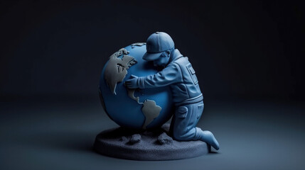Kneeling blue man hugging the planet Earth,. Generative AI illustration