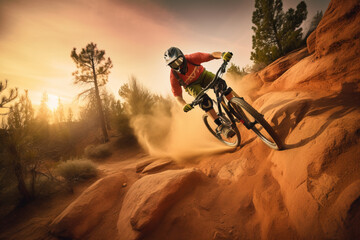 Sportive riding mountain bike at sunset. Generative AI illustration