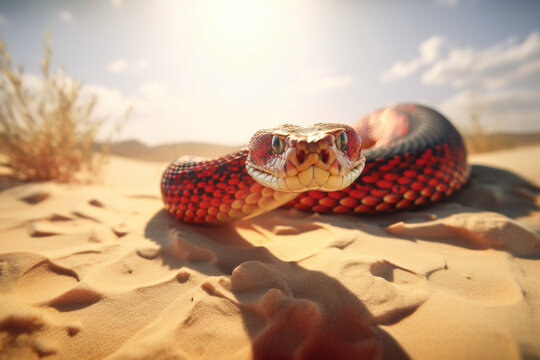 Close up  front view of red snake ready to charge, Generative aI illustration