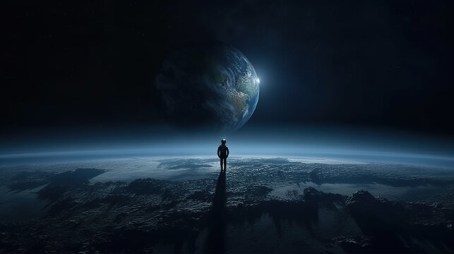 Far from earth , with man looking at planet earth from far away, Generative AI illustration