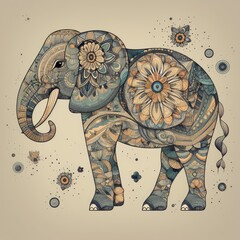 Obraz premium A geometric elephant composed of squares, circles, and floral patterns, with a background featuring traditional tribal motifs and minimal boho designs. generative ai