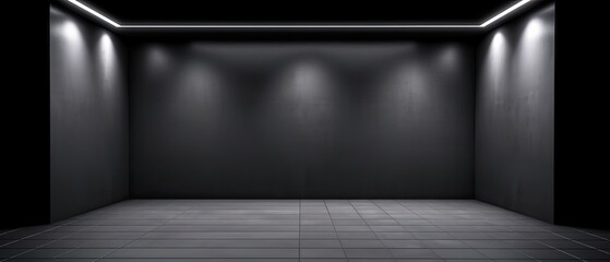 black 3d render podium spotlight black neon light glowing background, digital ai art	
