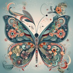 A whimsical butterfly composed of alphabets, circles, and poka dots, against a background blending modern traditional motifs with minimal boho elements. generative ai