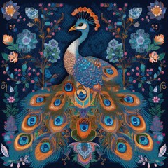 An elegant peacock designed using poka dots, squares, and intricate lines, surrounded by a modern traditional backdrop of floral patterns and boho-inspired shapes. generative ai