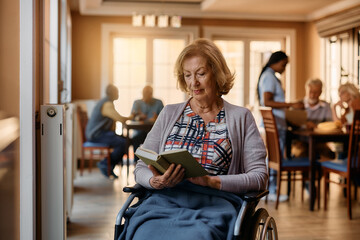 Senior woman in wheelchair reads book at residential care home.
