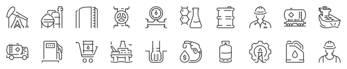 Oil and gas industry thin line icon set. Symbol collection in transparent background. Editable vector stroke. 512x512 Pixel Perfect.