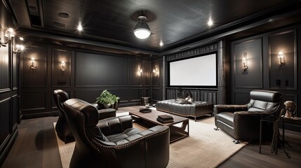 Luxury home theater with plush leather recliners, a large projection screen, and a modern sound system. generative ai,