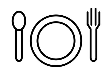 Restaurant tableware icon. Spoon, plate and fork. Vector.