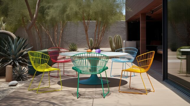 Contemporary outdoor dining area with a sleek metal table and colorful outdoor chairs, generative ai