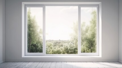 Fototapeta na wymiar White empty room with summer landscape in window. Scandinavian interior design. generative ai