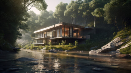 Obraz premium Sleek modern house surrounded by nature, Generative AI