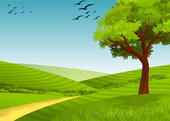 Obraz premium Landscape illustration of flying bird, tree and grass hills on sky blue background