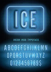 Ice sign with blue neon box alphabet on dark brick wall background. Night light box extra glowing effect narrow font with numbers. Vector illustration