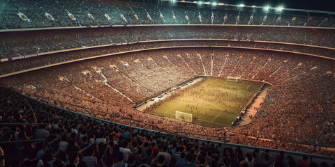 Aerial view of crowd of people standing near rows of modern stadium. Generative AI