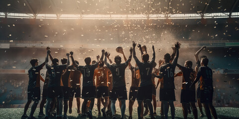 Soccer team with raised arms standing on soccer stadium celebrating victory with confetti. Generative AI