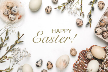 Happy easter flat lay composition with eco friendly easter eggs decor on white background. Layout design for invitation, card, flyer, banner, poster. Easter card, Easter eco organic banner