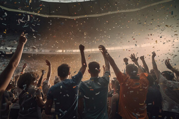 Back view of unrecognizable fans raising arms while celebrating victory in soccer stadium. Generative AI