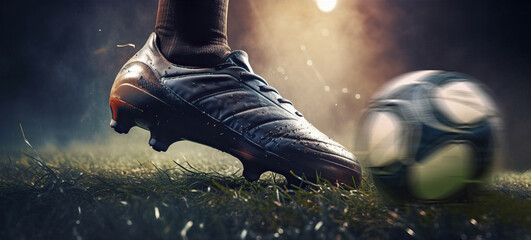 Side view of football boot kicking a soccer ball. Generative AI