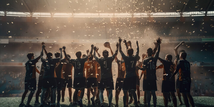 Fototapeta Soccer team with raised arms standing on soccer stadium celebrating victory with confetti. Generative AI
