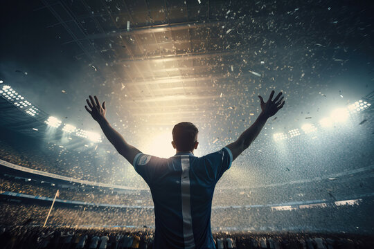 Back view of anonymous fan celebrating victory in soccer stadium. Generative AI