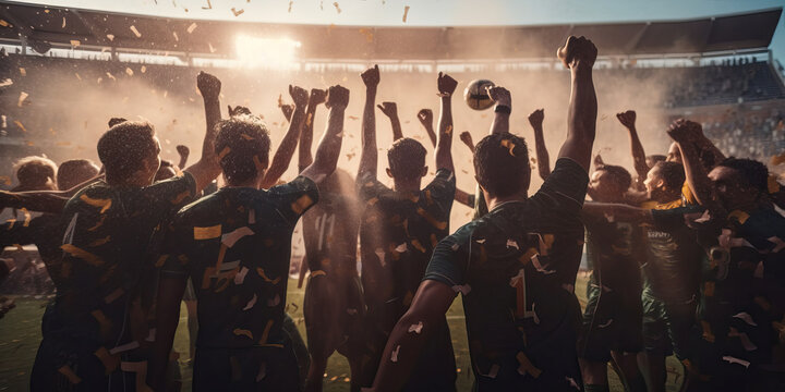 Soccer team with raised arms standing on soccer stadium celebrating victory with confetti. Generative AI