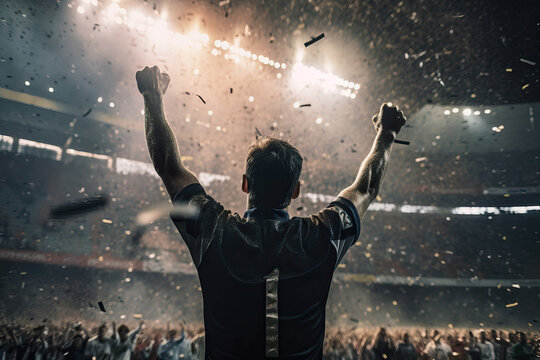 Fototapeta Back view of anonymous fan celebrating victory in soccer stadium. Generative AI