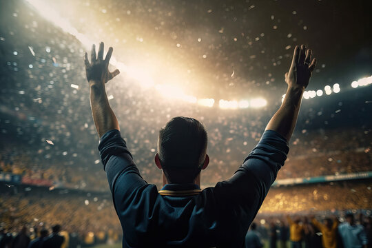 Back view of anonymous fan celebrating victory in soccer stadium. Generative AI