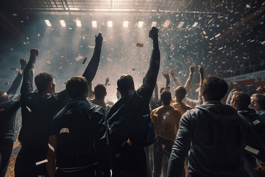 Back view of unrecognizable fans raising arms while celebrating victory in soccer stadium. Generative AI
