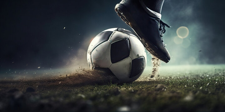Side view of football boot kicking a soccer ball. Generative AI
