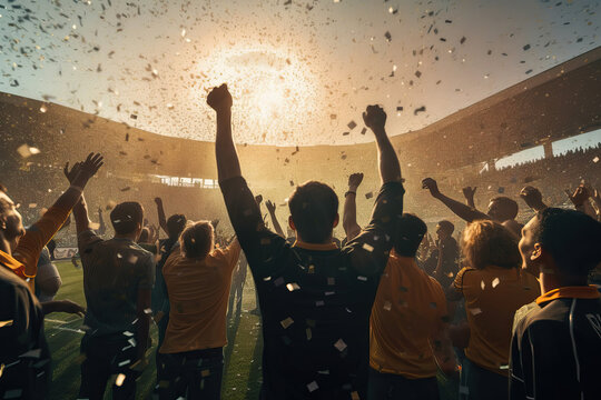 Back view of unrecognizable fans raising arms while celebrating victory in soccer stadium. Generative AI