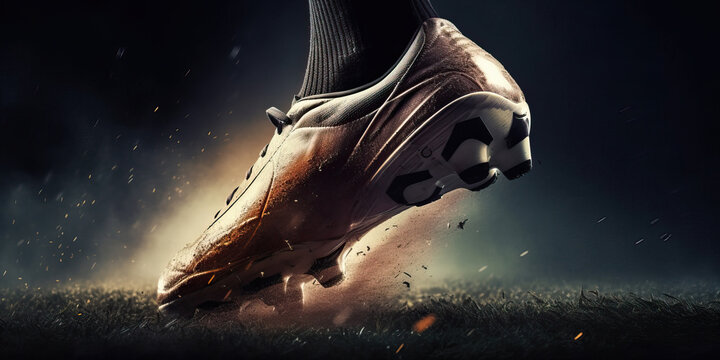 Side view of football boot kicking a soccer ball. Generative AI