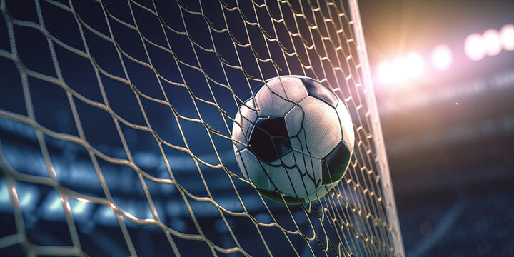 Soccer ball breaking the goal net. Generative AI